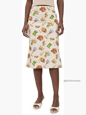 High Rise Midi Skirt with Gardening Print, Bias Cut, Lightweight